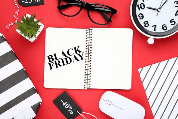 Texto Black Friday Óculos Planta Verde Relógio Mouse Sobre Fundo — Fotografia de Stock