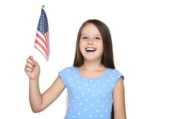 Jong Meisje Met Amerikaanse Vlag Witte Achtergrond — Stockfoto