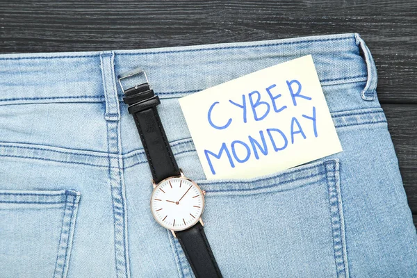 Texto Cyber Monday Com Jeans Azul Relógio Pulso Fundo Madeira — Fotografia de Stock