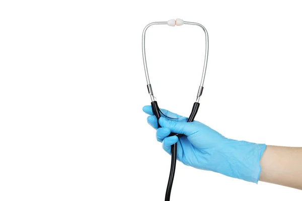 Doktor Ruka Rukavici Drží Stetoskop Bílém Pozadí — Stock fotografie