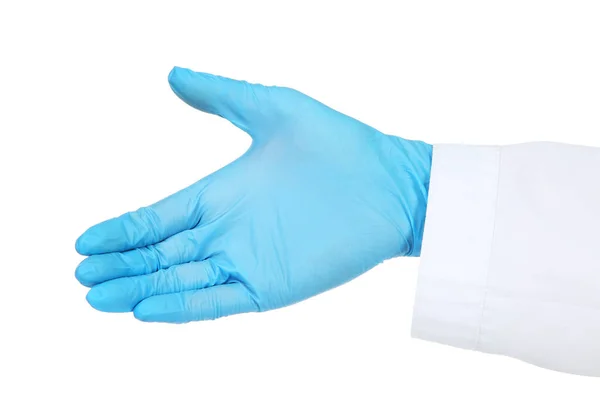 Γιατρός Χέρι Στο Γάντι Απομονώνονται Λευκό Φόντο — Φωτογραφία Αρχείου