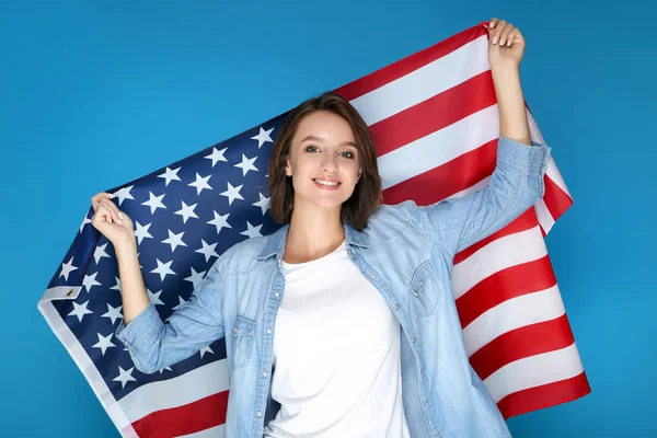 Beautiful Young Woman Holding American Flag Blue Background — Stock Photo, Image