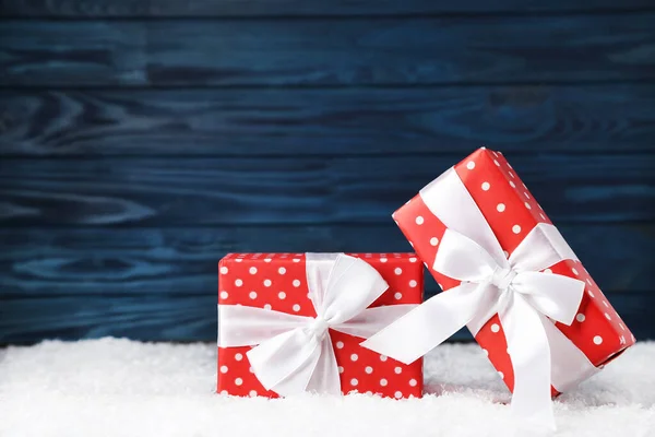 Christmas Gift Boxes White Snow Wooden Background — 图库照片