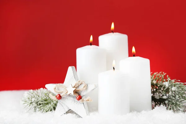 Christmas Candles Star Fir Treee Branches Red Background — 图库照片