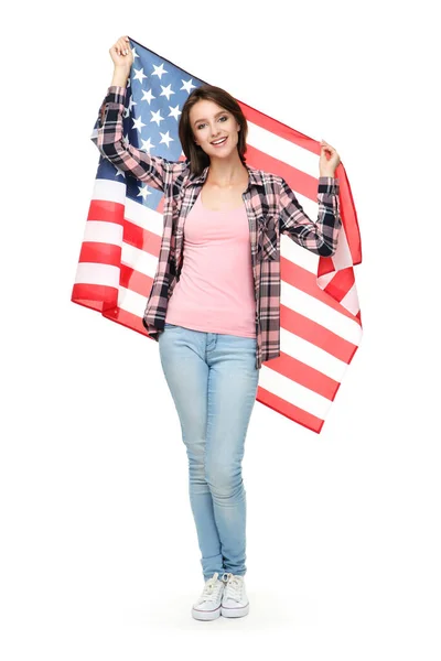 Beautiful Young Woman Holding American Flag White Background — Stock Photo, Image