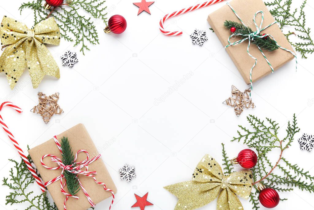 Christmas ornaments with gift boxes on white background