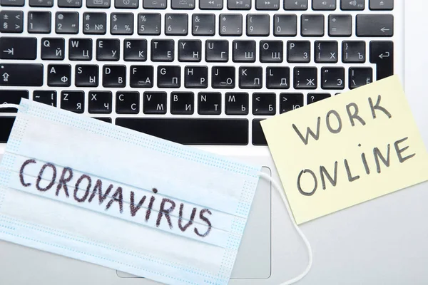 Inscrições Coronavirus Trabalho Line Papéis Com Computador Portátil — Fotografia de Stock