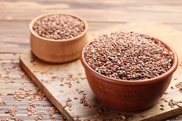 Flax Seeds Bowls Brown Wooden Background — Stock Photo, Image