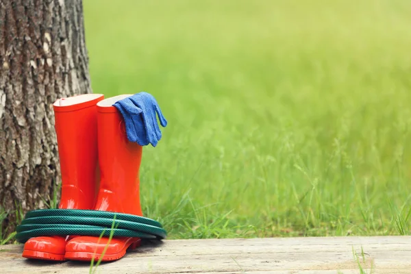 Red rubber boots with green hose and gloves on wooden board