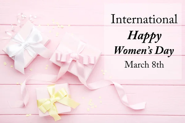 Gift Boxes Ribbon Text International Happy Womens Day Pink Wooden — Stok fotoğraf