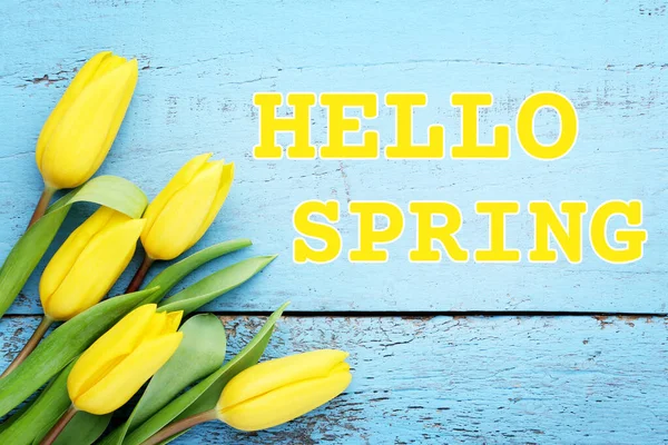 Bouquet Yellow Tulips Text Hello Spring Blue Wooden Table — Stock Photo, Image