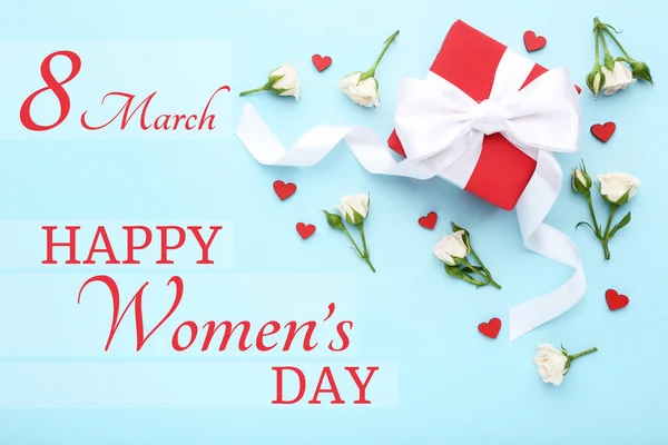 Confezione Regalo Con Fiori Rosa Testo Happy Womens Day Sfondo — Foto Stock