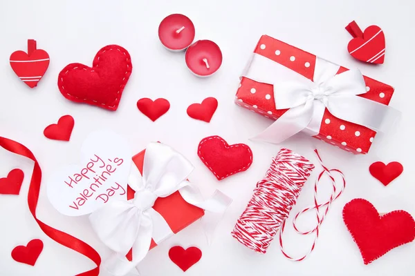 Gift Box Candles Paper Text Happy Valentines Day White Background — Φωτογραφία Αρχείου