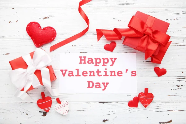 Gift Box Paper Text Happy Valentines Day White Wooden Background — Stockfoto