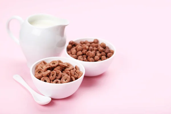 Chocolate Corn Flakes Milk Jar Spoon Pink Background — Stock Photo, Image