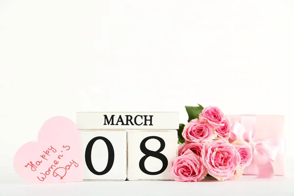 Calendario Cubo Con Fiori Confezione Regalo Con Testo Happy Womens — Foto Stock