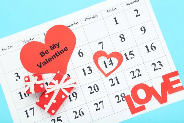 February Calendar Red Hearts Gift Boxes Text Valentine Blue Background — Stock Photo, Image
