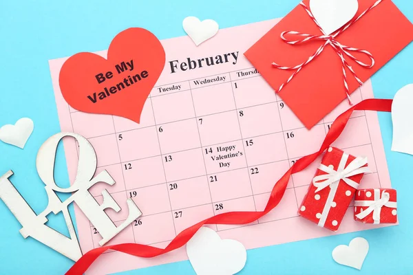 February Calendar Hearts Envelope Gift Boxes Blue Background — Stock Photo, Image