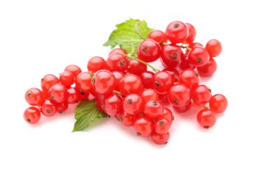 Beyaz arkaplanda yaprakları olan taze kırmızı üzümler