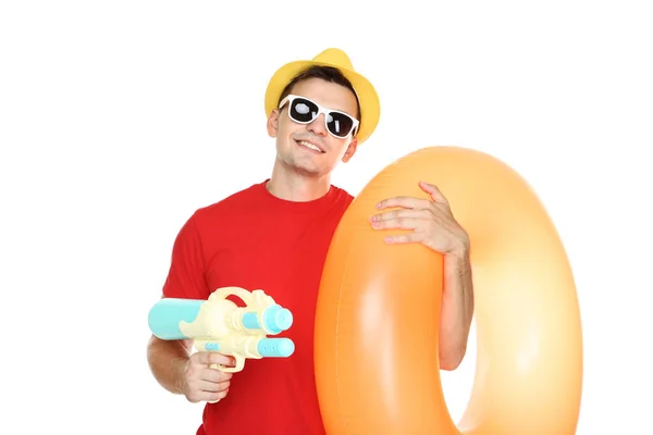 Young Man Inflatable Ring Water Gun White Background — Stock Photo, Image