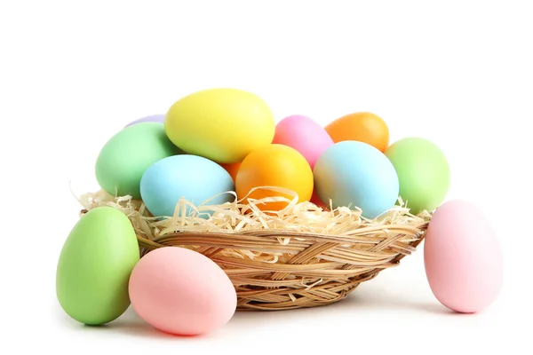 Colorful Easter Eggs Basket Isolated White Background — Stock Photo, Image