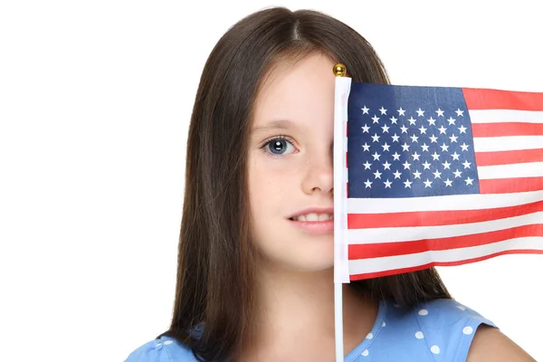 Jong Meisje Met Amerikaanse Vlag Witte Achtergrond — Stockfoto