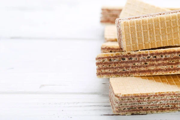 Sweet Wafer Sticks White Wooden Background — Stock Photo, Image