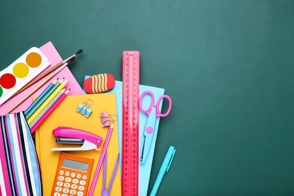 Different School Supplies Chalkboard Background — Stock Photo, Image