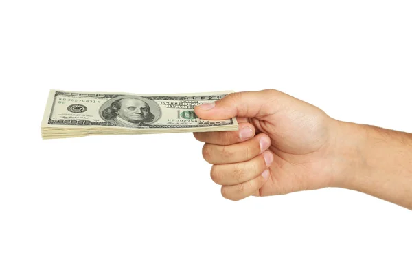 Hundred dollars bill in hand — Stock Photo, Image