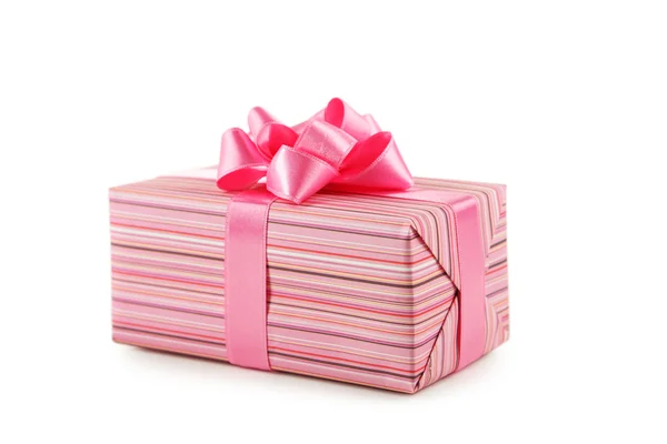 Dárková krabička s růžovými luk — Stock fotografie