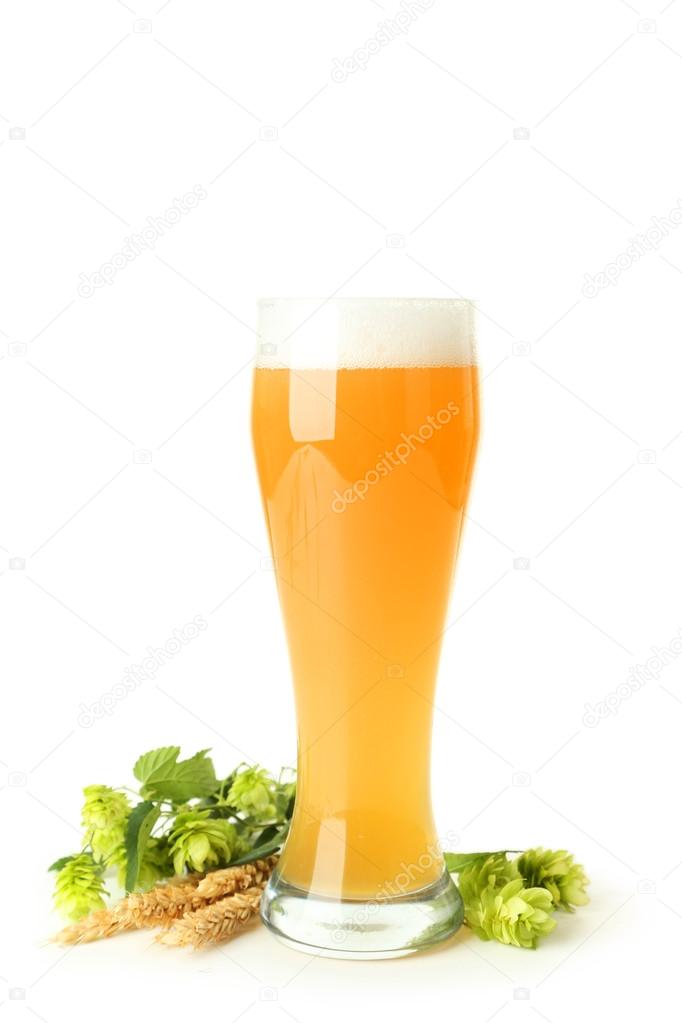 Glass of beer with ears of wheat and hops