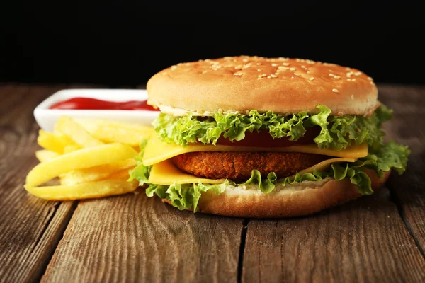 Big burgers with french fries and ketchup — Stock Photo, Image