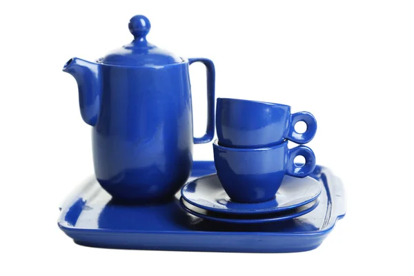 Théière et tasses bleues — Photo