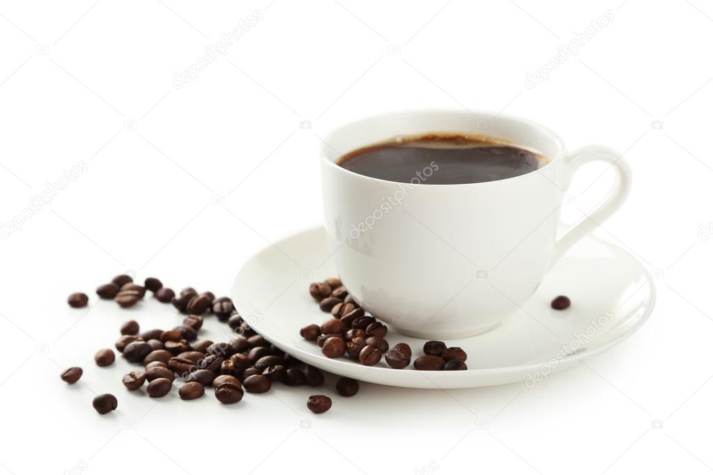 Cup of coffee with coffee beans