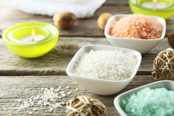 Sea salt in white bowls — Stock Photo, Image