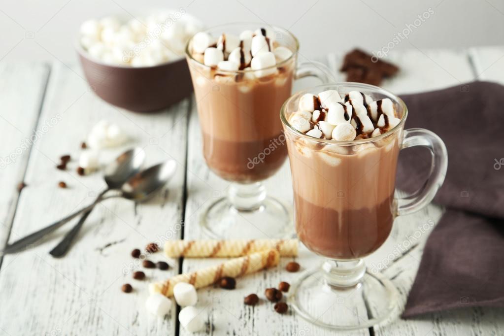 Glasses of hot chocolate with marshmallows