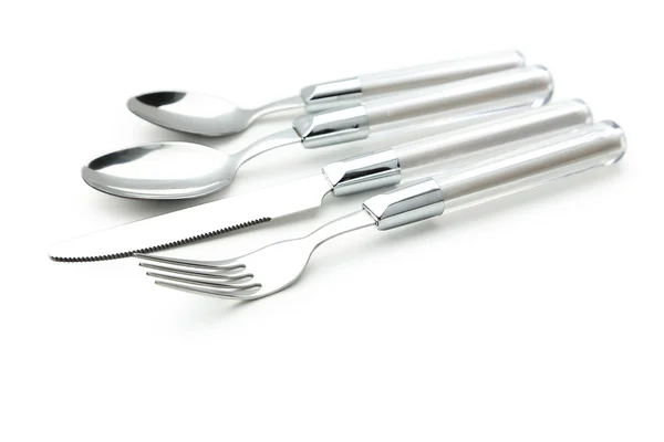 Forchetta, cucchiaio e coltello su sfondo bianco — Foto Stock