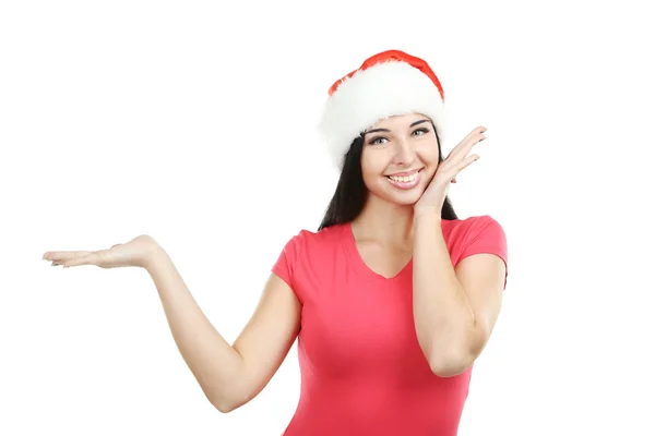 크리스마스 모자 들고 복사 공간에 있는 여자 — 스톡 사진