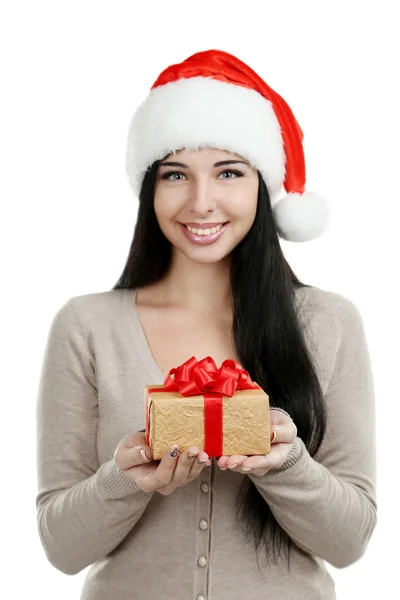 Femme en chapeau de Noël avec cadeau — Photo