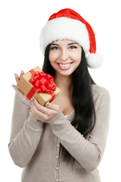 Femme en chapeau de Noël avec cadeau — Photo