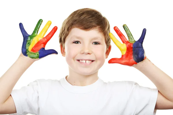 Little boy with paints on hands — Stock Photo, Image