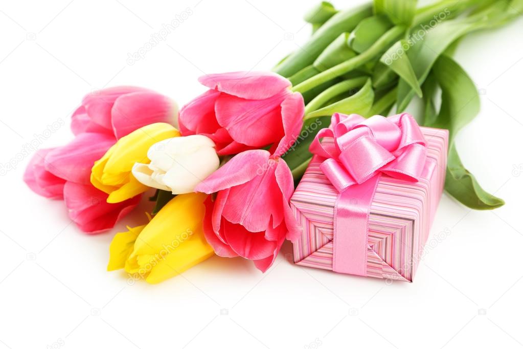 Beautiful tulips with gift