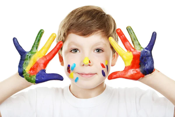 Little boy with paints on hands — Stock Photo, Image