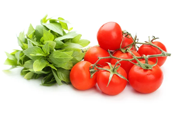 Tomaten und Basilikumblätter — Stockfoto