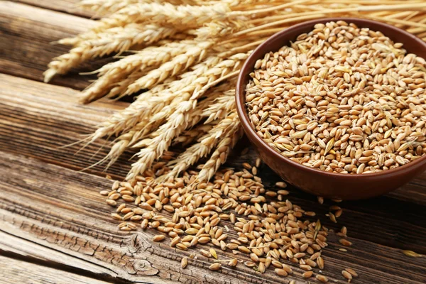 Orejas de trigo y tazón de granos de trigo —  Fotos de Stock