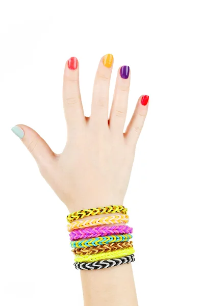 Loom bracelets on hand of girl — Stock Photo, Image
