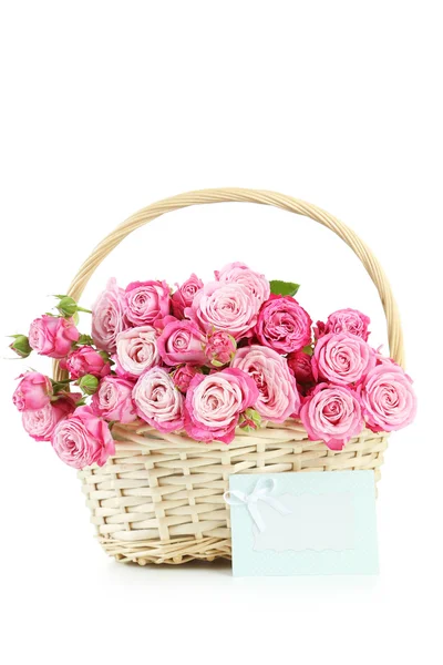 Pink roses in basket — Stock Photo, Image
