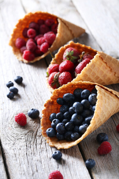 Waffle cones with berries