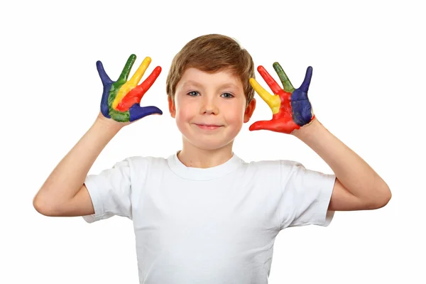 Portrait of beautiful little boy with paints on hands isolated o — Stock Photo, Image