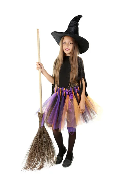 Krásná dívka witch s koštětem na bílém pozadí — Stock fotografie